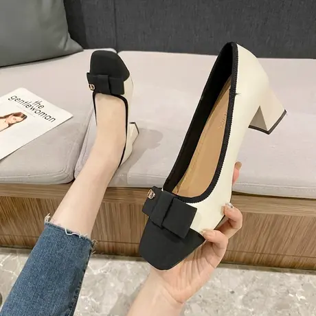 不累脚高跟鞋女粗跟2023年春季新款百搭复古拼色方头浅口职业单鞋图片