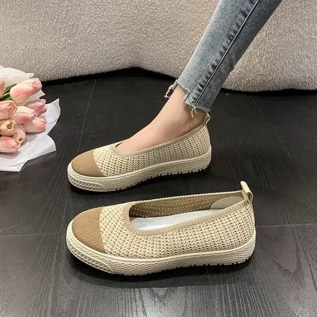 单鞋女2023秋季新款圆头浅口韩版软底舒适一脚蹬飞织透气低帮潮鞋商品大图