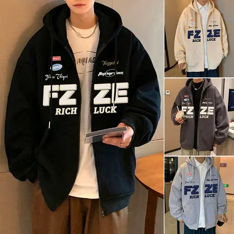 美式字母印花连帽卫衣男秋冬季潮牌宽松夹克港风高街机能开衫外套商品大图