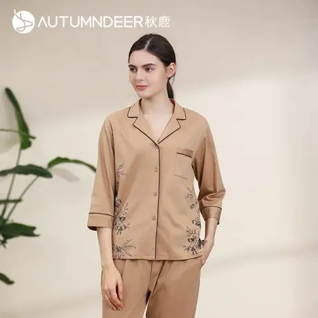 秋鹿丝棉睡衣初秋女款简约开衫七分袖长裤梭织纯棉家居服女夏薄款图片