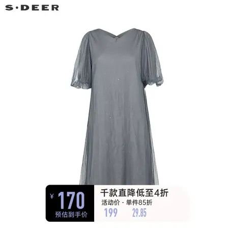 sdeer圣迪奥女装小清新V领网纱泡泡袖连衣裙S222Z12R7图片