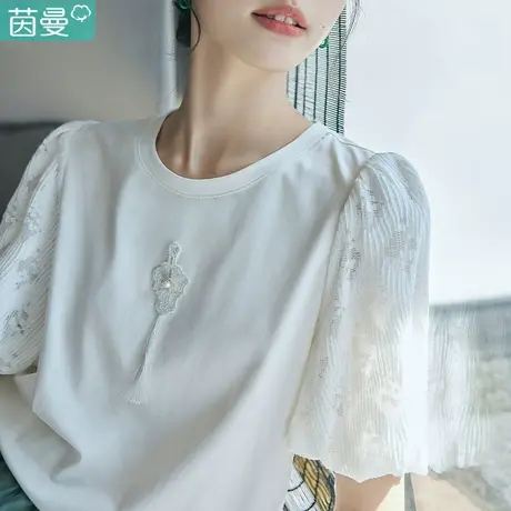 茵曼新中式短袖T恤女夏天衣服2023新款泡泡袖奶甜系小个子上衣商品大图