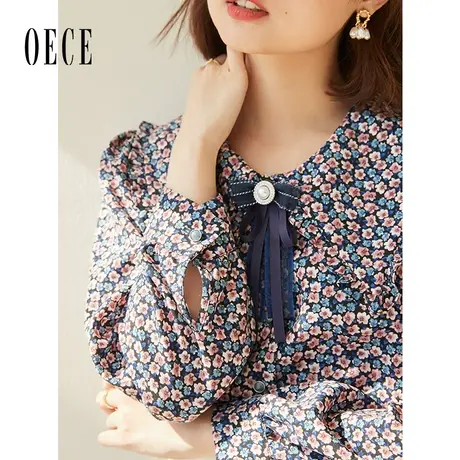 Oece设计感衬衫秋季新款女装复古碎花气质长袖衬衣图片