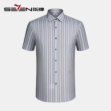 【商场同款】柒牌短袖衬衫男2023夏季新款亲肤透气竖条纹翻领衬衣图片
