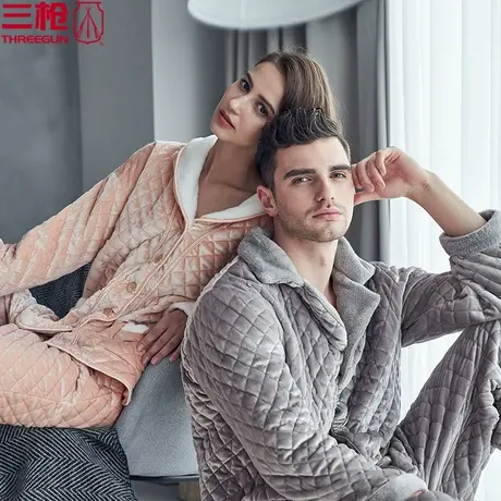 三枪 加厚睡衣套装 男 丝绒夹棉翻领长袖女家居服套装起居服81410图片