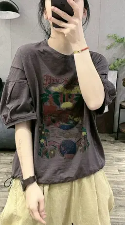 夏季竹节棉印花复古短袖T恤衫女宽松大码灯笼袖套头上衣潮款体恤商品大图