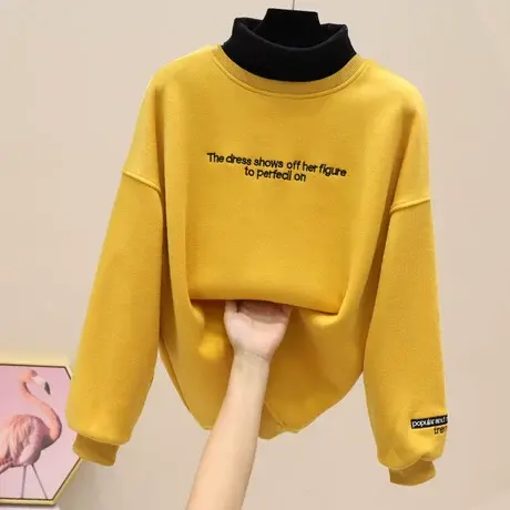 假两件卫衣女加绒加厚2023秋冬新款韩版字母高领上衣宽松百搭潮商品大图