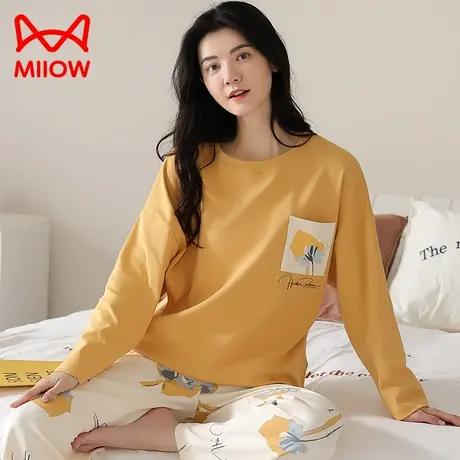 MiiOW/猫人纯棉睡衣女春秋季带胸垫长袖2023新款可外穿家居服套装图片