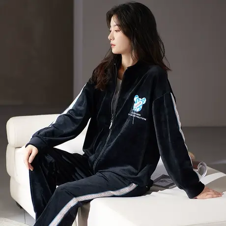 猫人秋冬季睡衣女2023新款加绒加厚开衫长袖珊瑚绒女士家居服套装商品大图
