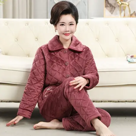 睡衣女冬季三层加厚加绒珊瑚绒夹棉保暖中老年妈妈大码家居服套装图片