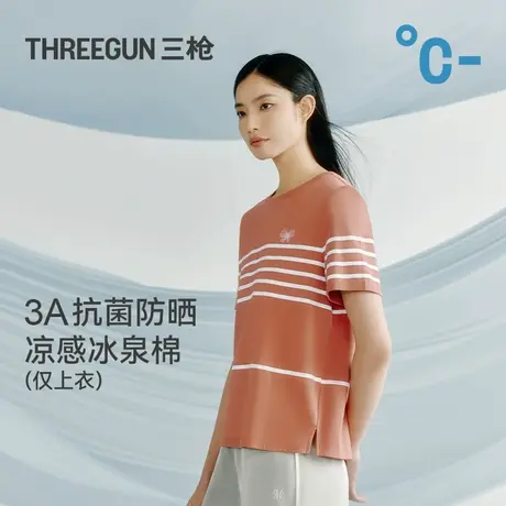 【冰立方】三枪女生T恤凉感冰泉棉抗菌防晒UPF50+彩条圆领短袖商品大图