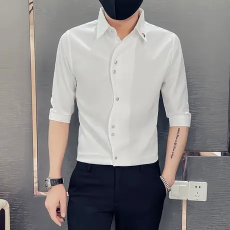 发型师个性帅气短袖衬衫夏季男士修身七分中袖潮流设计感男装衬衣图片