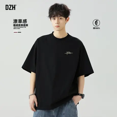 男生植绒t恤男纯棉圆领夏季2025新款黑色短袖美式潮牌体恤衫百搭商品大图