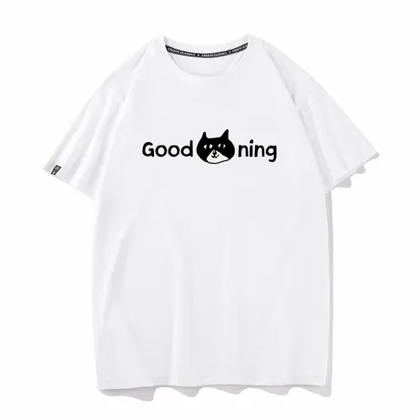 秀洛good morning圆领潮流上衣小黑猫纯棉短袖T恤男情侣装上衣服商品大图