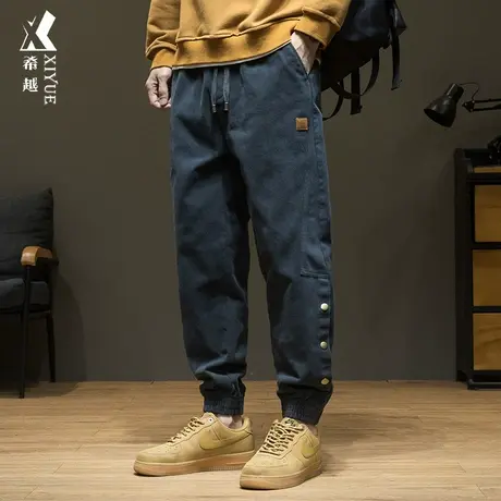 希越纯棉雪花绒休闲裤男秋季宽松大码复古水洗微弹潮流百搭哈伦裤商品大图