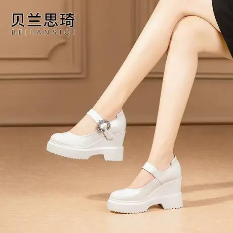 真皮一字带水钻浅口厚底坡跟单鞋女2025春秋季新款防水台高跟鞋图片