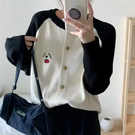 早秋女装拼色宽松女士毛衣针织开衫外套女2024新款春秋外穿穿搭商品大图