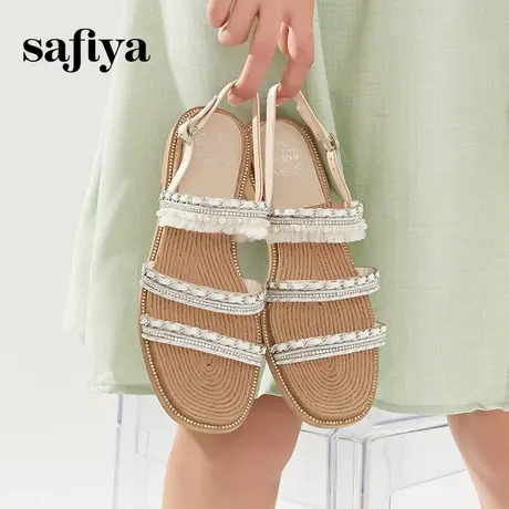 Safiya索菲娅女鞋外穿平底露趾一字带气质闪钻仙女小香风草编凉鞋图片