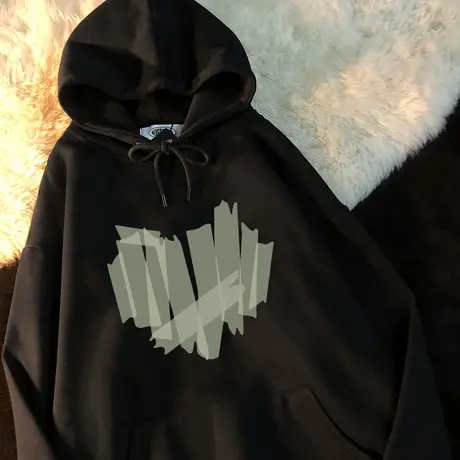 潮牌黑色连帽卫衣女oversize春秋美式高街设计感薄款ins长袖上衣商品大图