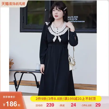 2023秋装新款蝴蝶结翻领垂坠感连衣裙A字收腰显瘦胖妹妹大码长裙商品大图