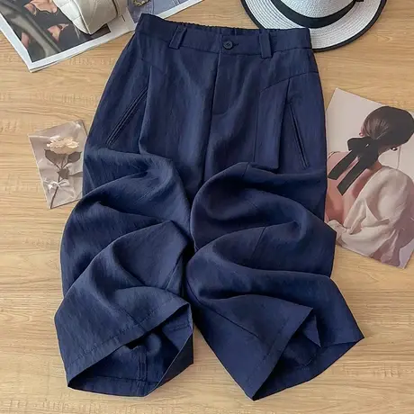 拉夏贝尔藏青色棉麻阔腿裤女夏25新款天丝亚麻直筒裤风琴薄款长裤图片
