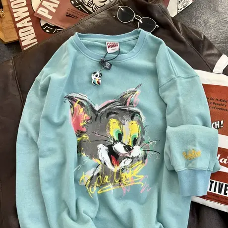 卫衣女春秋薄款2022新款个性油画猫时尚宽松包臀减龄刺绣外套上衣图片