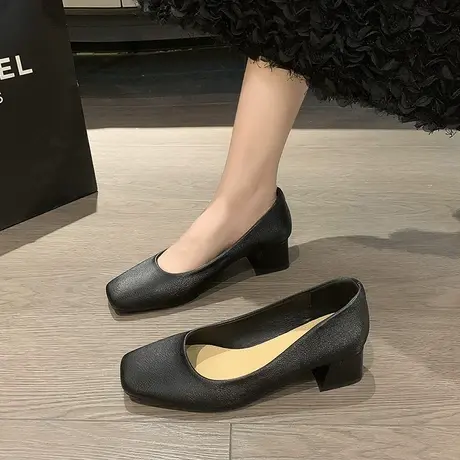 浅口单鞋女款2023年新款春秋女鞋子配裙子方头小众通勤简约高跟鞋商品大图