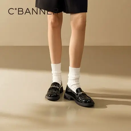 千百度厚底漆皮乐福鞋女款百搭气质新款黑色JK小皮鞋低跟通勤深口图片