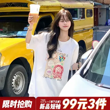 韩系慵懒风宽松休闲白色短袖t恤2025新款设计感小众超火半袖上衣商品大图