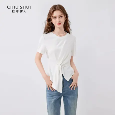 秋水伊人不规则收腰圆领T恤女2024夏季新款女装百搭时髦显瘦上衣商品大图
