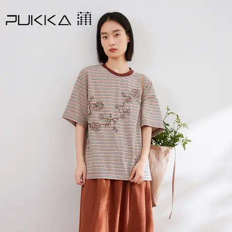 蒲PUKKA 彩色条纹圆领宽松绣花短袖T恤女夏季新款图片