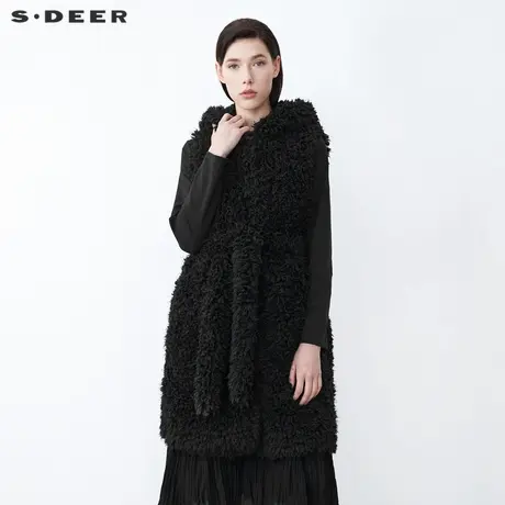 sdeer圣迪奥女装高领连帽收腰仿羊羔绒长款马甲S21461611图片
