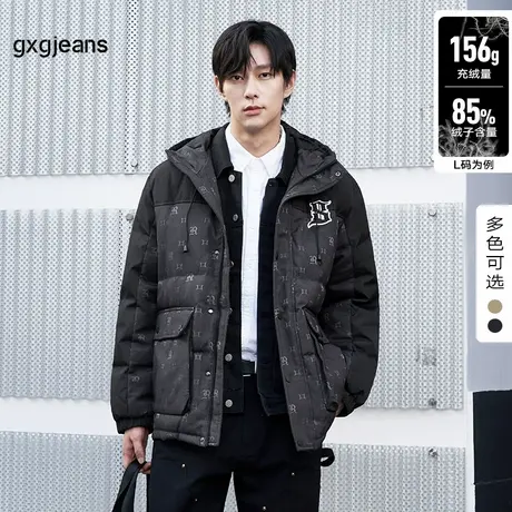 gxgjeans男装 2024年冬季新款老花满印拼接保暖短款连帽羽绒服男商品大图