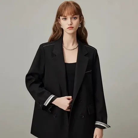 爵莱菲大码黑色通勤休闲西装外套女2025秋季新款双排扣宽松高级感商品大图