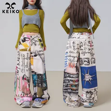 KEIKO 复古美式印花直筒休闲裤女25秋季有Y2K街头风宽松阔腿裤子商品大图