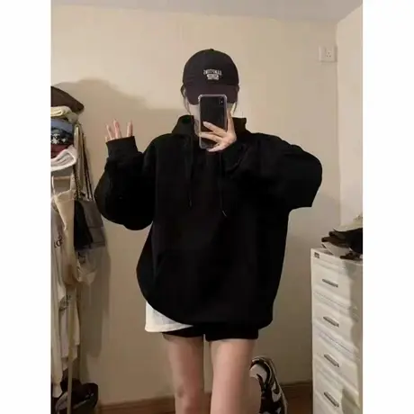 黑色重磅卫衣女2025新款纯色连帽衫宽松韩系慵懒风早秋款美式长袖商品大图