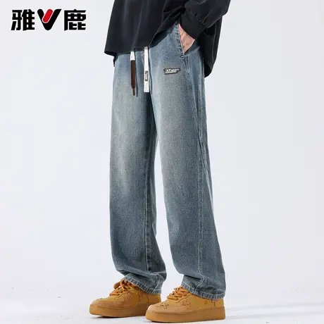 雅鹿2026春季新款星空纹直筒阔腿牛仔裤男青年加厚加绒休闲长裤子图片
