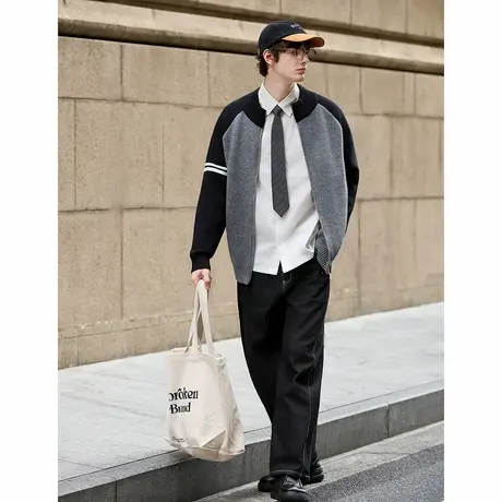 唐狮秋冬季毛衣外套男立领插肩袖撞色拼接灰色毛衣开衫时尚潮TMTA图片