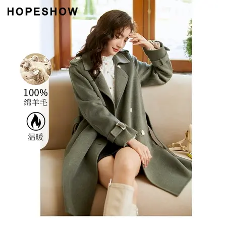 【直播专享】冬季双排扣正肩翻领双面呢大衣90122340803红袖商品大图