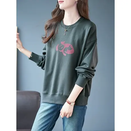 宝诗黎圆领印花棉质宽松卫衣早秋2023年新款落肩长袖慵懒上衣女装商品大图