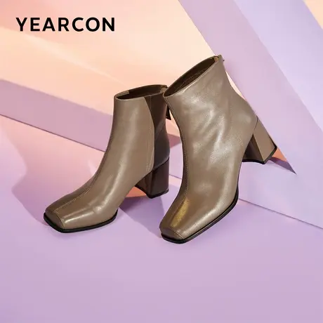 意尔康女鞋2023冬季高跟短筒皮靴女士方头短靴高级感英伦风踝靴商品大图