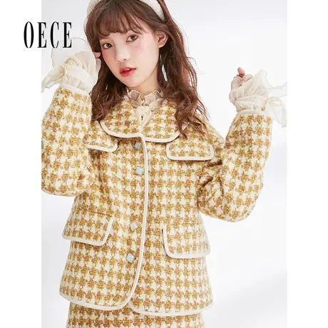 Oece冬装新款女装 复古法式甜美格纹粗花呢子外套秋冬短外套图片