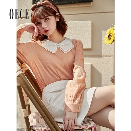 Oece娃娃领衬衫春秋新款女装法式甜心减龄长袖雪纺衬衣商品大图
