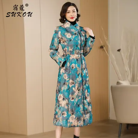 民族风花色羽绒服女2023冬高端国风时尚长款白鸭绒中长款保暖外套商品大图