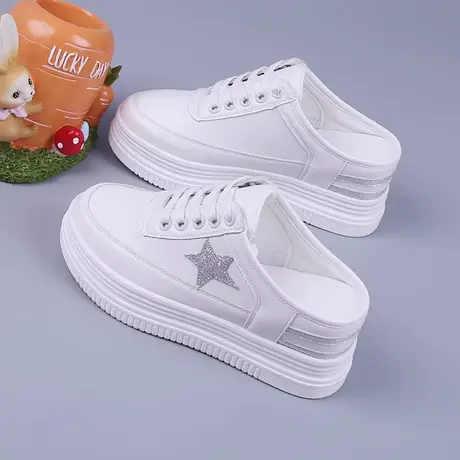 潮牌真皮厚底包头半拖鞋女2023夏季新款时尚百搭内增高小白鞋凉鞋图片