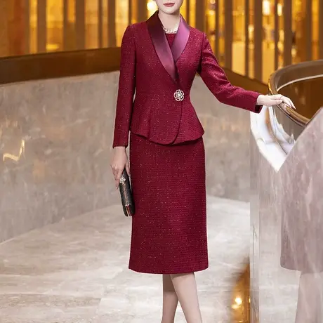 喜婆婆婚宴装两件套女秋冬新款时尚气质青果领修身显瘦小香风套装图片