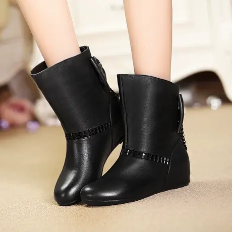 真皮短靴女秋冬季新款靴子平底内增高女式靴牛皮圆头蝴蝶结复古靴商品大图