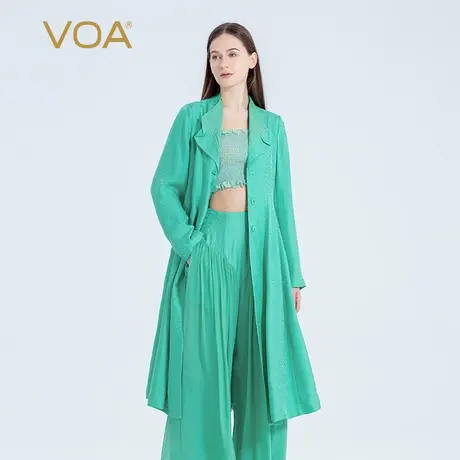 VOA真丝暗纹提花20姆米春绿翻领单排扣侧插口袋乔其拼接时尚风衣图片