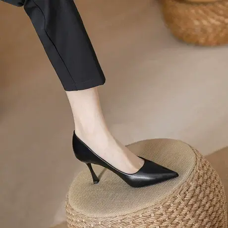 真皮黑色高跟鞋女细跟2023年夏季新款软皮尖头法式气质5厘米单鞋图片