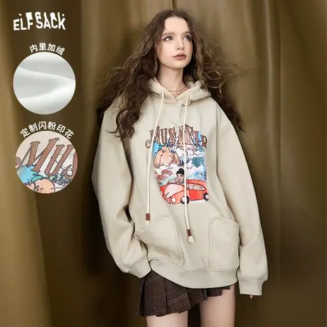妖精的口袋印花连帽加绒卫衣女2023冬季新款小个子宽松设计感上衣图片